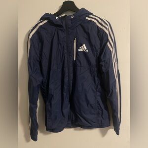 Adidas Men's Navy Windbreaker with White Stripes